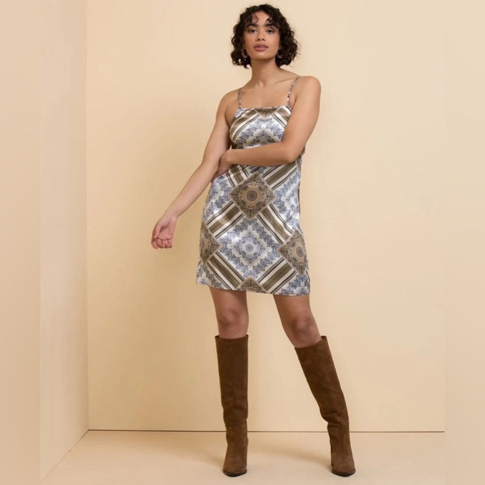 Ricki’s Satin Brown Tan Scarf Paisley Tie-Back Strappy Spaghetti Strap Dress
